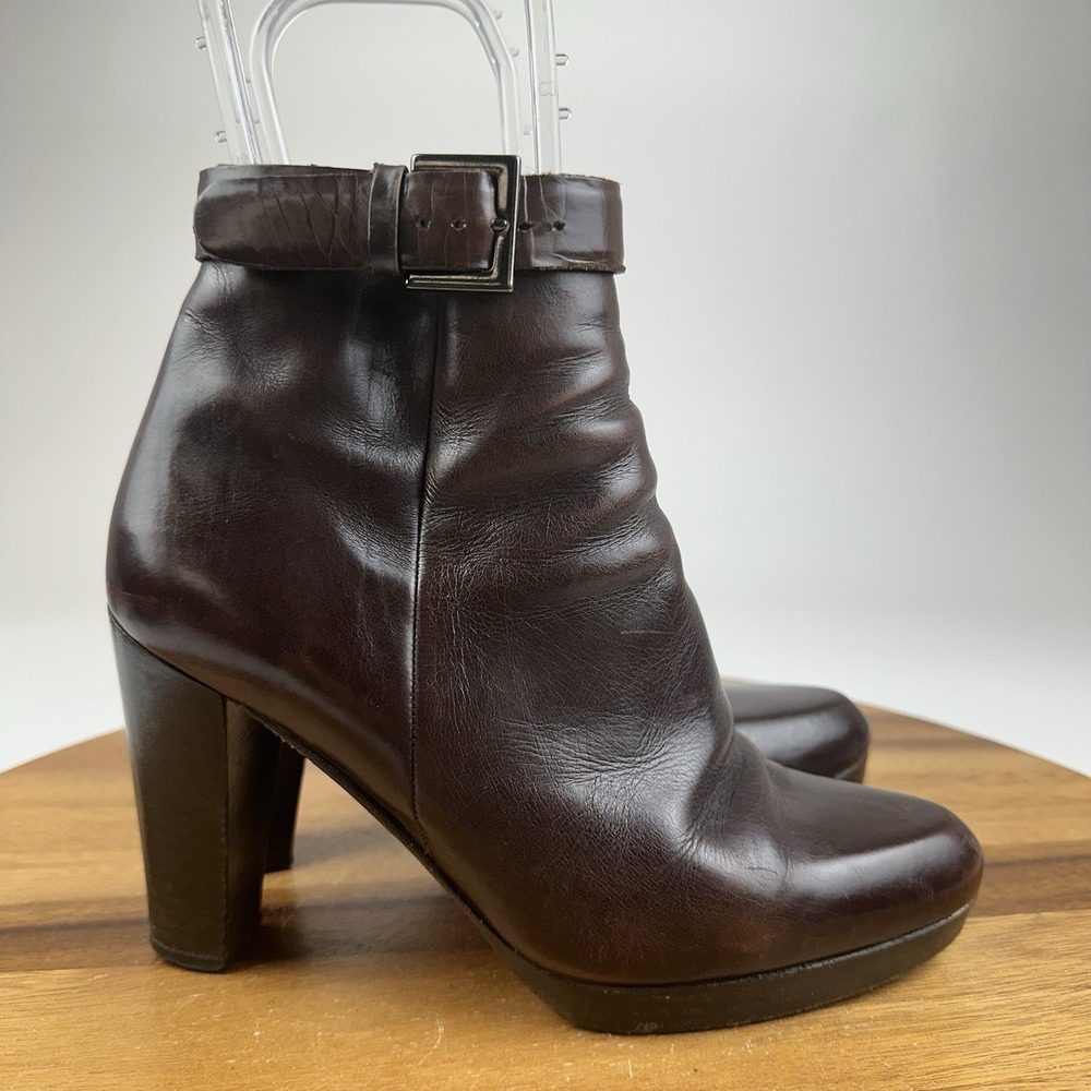 Womens Barbara Bui Brown Leather Buckle Heeled Ankle Boots Booties Size EU 37